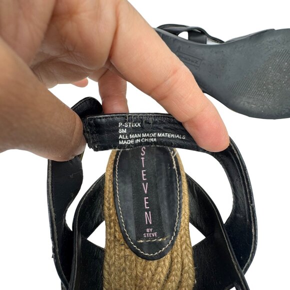 VTG Steven Steve Madden Black Faux Leather Strappy Wedge Sandal Braid Detail Sz8 - Picture 9 of 10